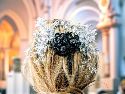 Handmade Gothic Skull Flower Hair Comb, Clear Crystals, Spider Accessory - Oh My Gothness