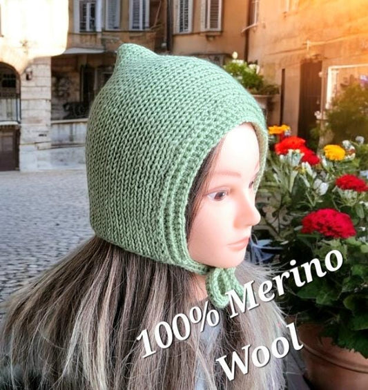 Handmade Green Merino Wool Pixie Bonnet - Adult Knitted Tie Hat - Oh My Gothness
