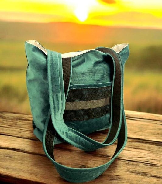 Handmade Green Velvet & Black Lace OOAK Tote Bag Shopper Shoulder Handbag Fully Lined Goth Funky Travel Festival Gift BG36 - Oh My Gothness