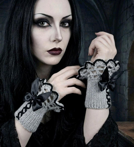 Handmade Grey Black Knitted Lace Wrist Cuffs, Steampunk Goth Victorian W13 - Oh My Gothness