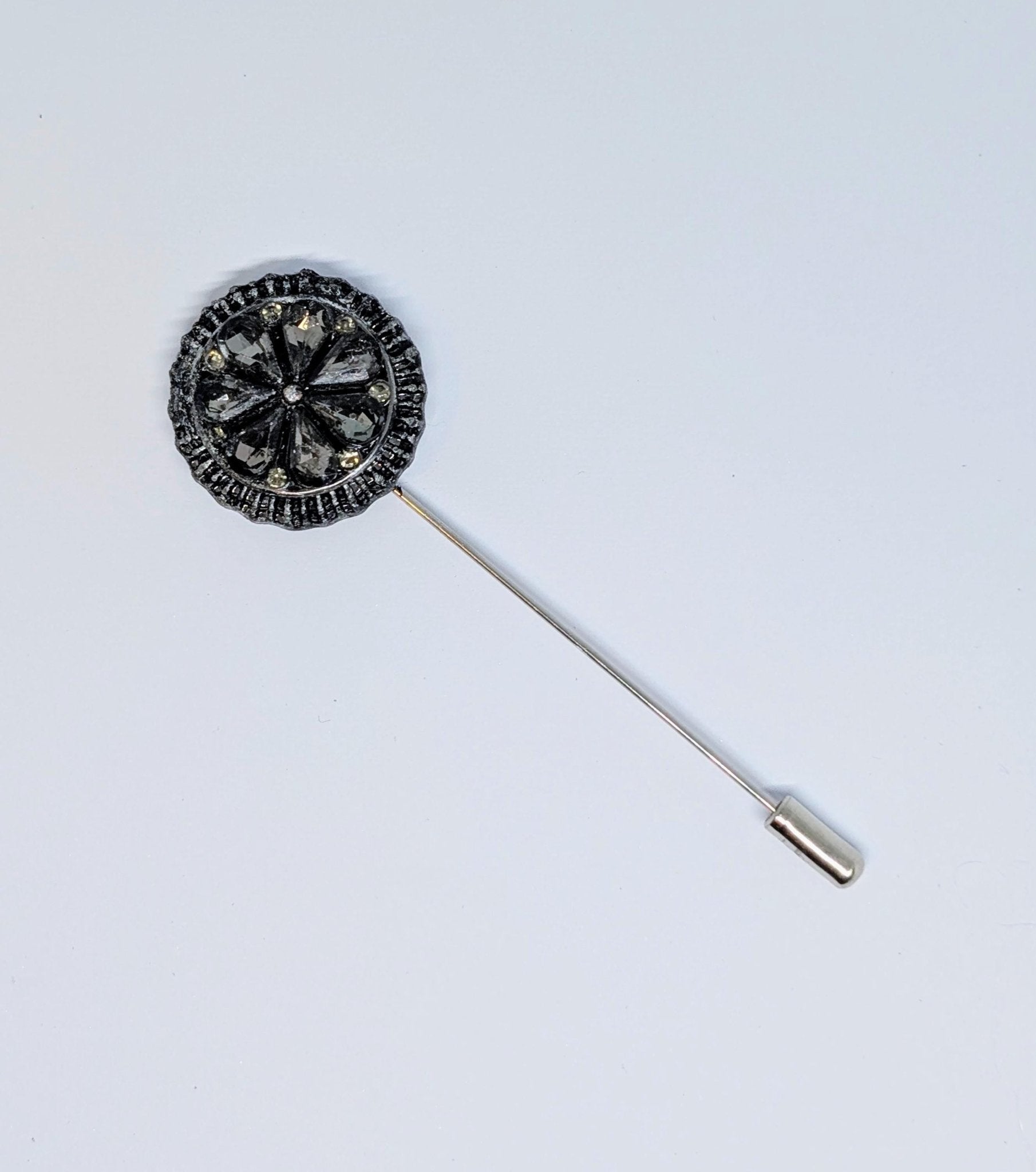 Handmade grey diamantés round decorative lapel pin set in antique silver tone metal gift box dapper gentleman groom gothic wedding unique - Oh My Gothness