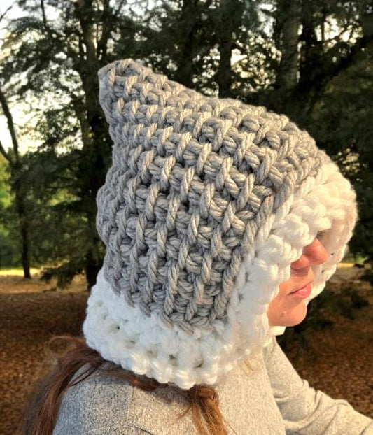 Handmade Hood OOAK Crochet Woodland Hat Pixie Grey White Adult Emo Elf Fairy Winter HT59 - Oh My Gothness