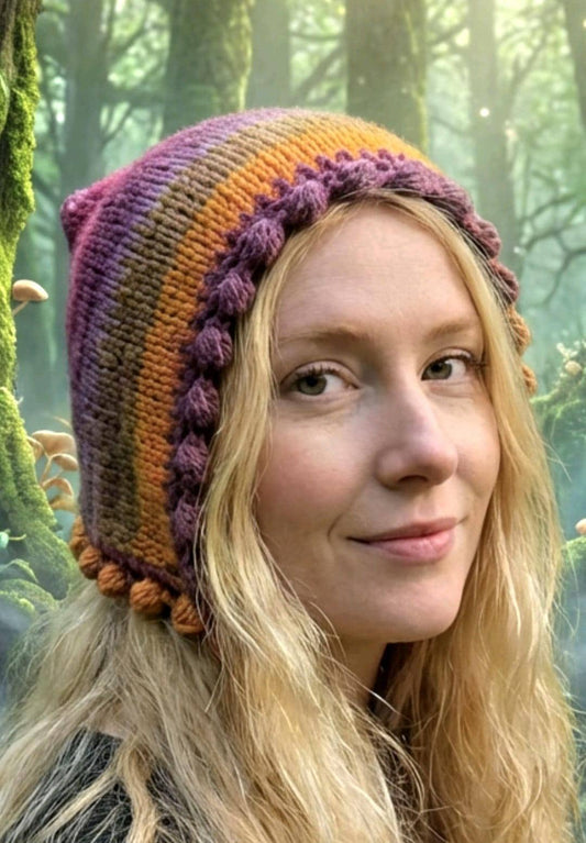 Handmade Knitted Pixie Bonnet: Adult Woodland Tie Hat Rainbow - Oh My Gothness