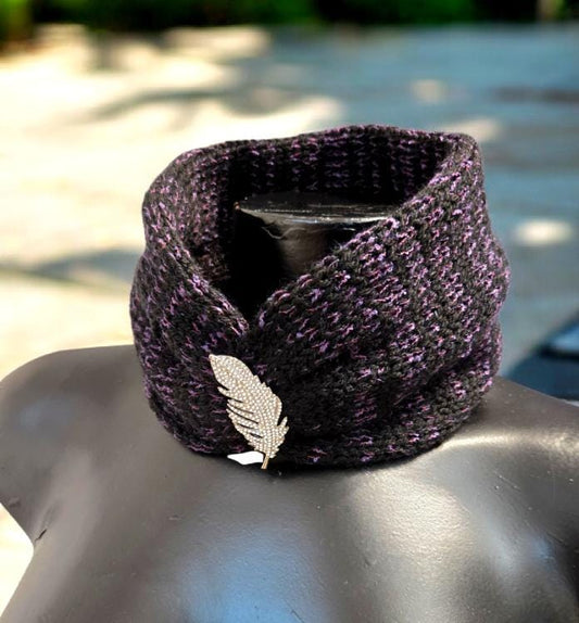 Handmade Knitted Snood: Black & Purple, Diamante Brooch - Oh My Gothness