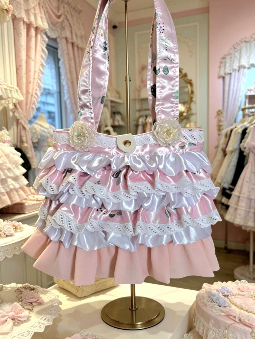 Handmade Lolita Kawaii Hand Bag Pink White Flowers Lace Frills Cosplay Tea Party - Oh My Gothness
