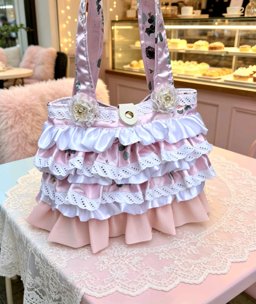 Handmade Lolita Kawaii Hand Bag Pink White Flowers Lace Frills Cosplay Tea Party - Oh My Gothness