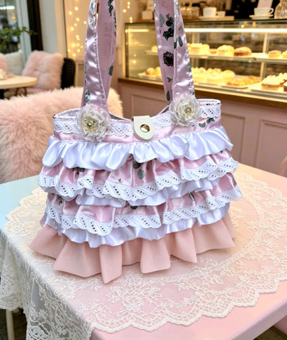 Handmade Lolita Kawaii Hand Bag Pink White Flowers Lace Frills Cosplay Tea Party - Oh My Gothness