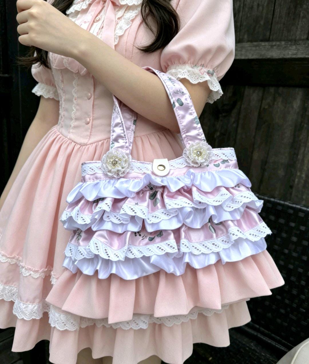 Handmade Lolita Kawaii Hand Bag Pink White Flowers Lace Frills Cosplay Tea Party - Oh My Gothness
