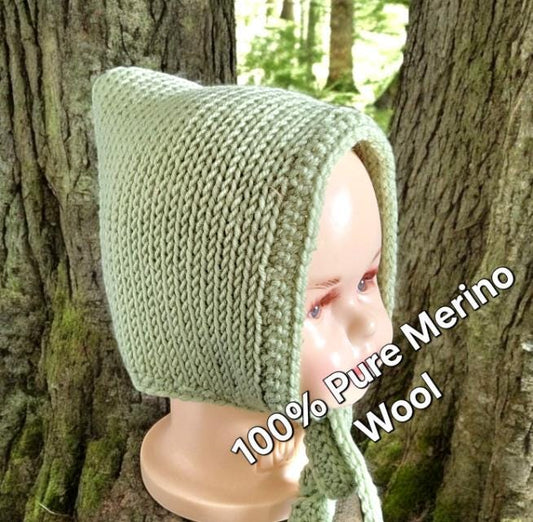 Handmade Merino Wool Knitted Baby Bonnet – Green Pixie Hat (6-18 Months) - Oh My Gothness