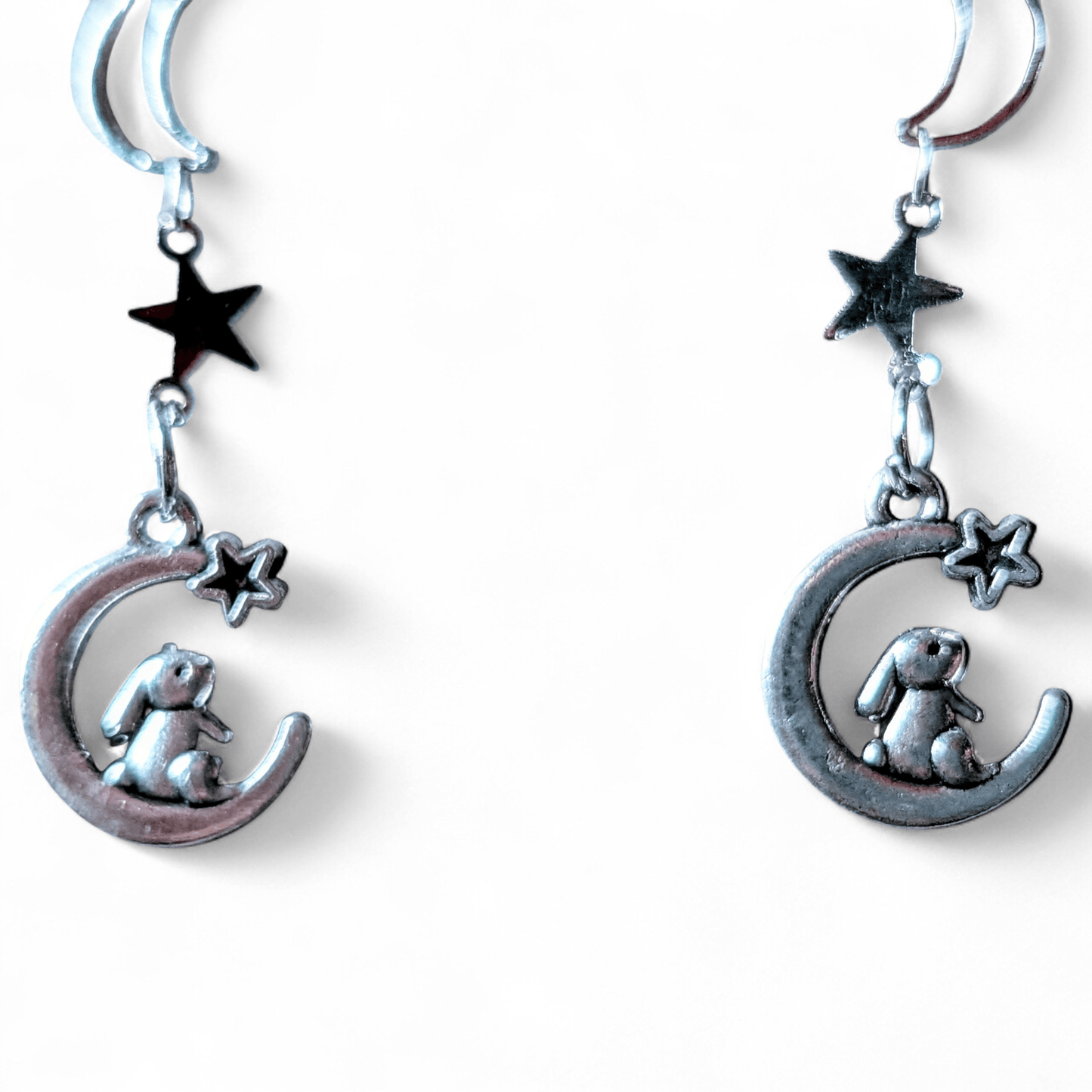 Handmade Moon and Stars with Rabbits Drop Dangle Earrings. Gothic Easter Bunny Gift - Oh My Gothness