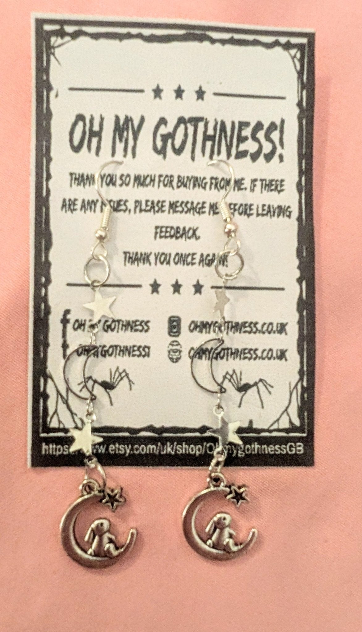 Handmade Moon and Stars with Rabbits Drop Dangle Earrings. Gothic Easter Bunny Gift - Oh My Gothness