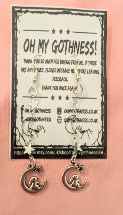 Handmade Moon and Stars with Rabbits Drop Dangle Earrings. Gothic Easter Bunny Gift - Oh My Gothness