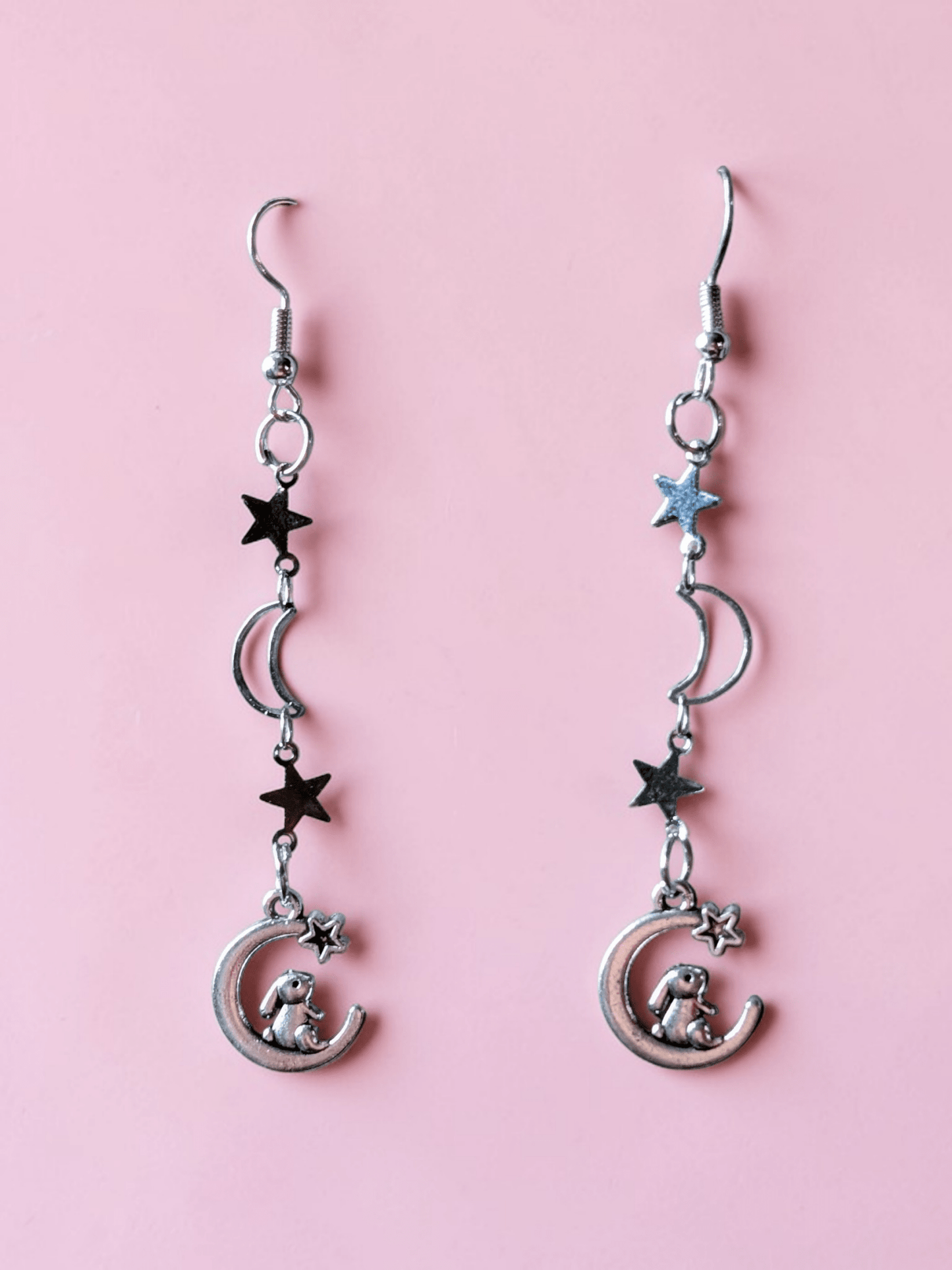 Handmade Moon and Stars with Rabbits Drop Dangle Earrings. Gothic Easter Bunny Gift - Oh My Gothness