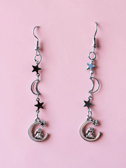 Handmade Moon and Stars with Rabbits Drop Dangle Earrings. Gothic Easter Bunny Gift - Oh My Gothness