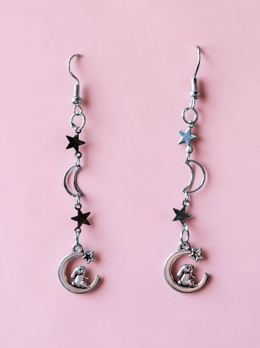 Handmade Moon and Stars with Rabbits Drop Dangle Earrings. Gothic Easter Bunny Gift - Oh My Gothness