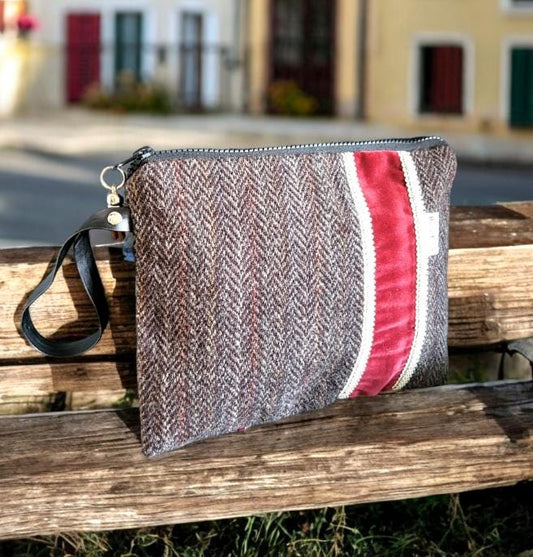 Handmade OOAK Harris Tweed & Velvet Clutch Bag Wristlet Pouch Herringbone Brown Fully Lined In Red Great For Travel Holiday Etc Gift HTA4 - Oh My Gothness