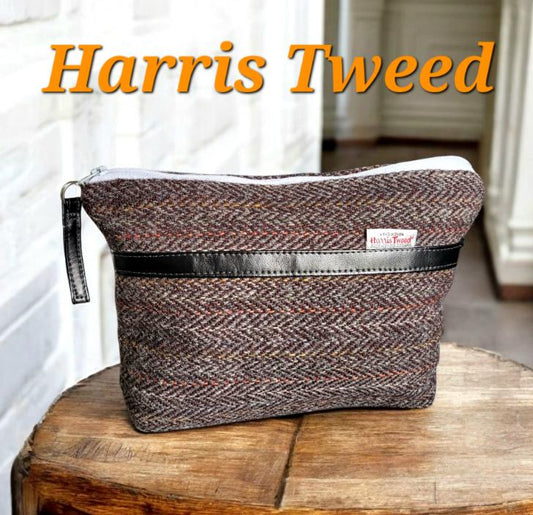 Handmade OOAK Harris Tweed & Velvet Cosmetics Wash Bag Showerproof Herringbone Brown Fully Lined Make Up Toiletries Travel Holiday Gift BG34 - Oh My Gothness