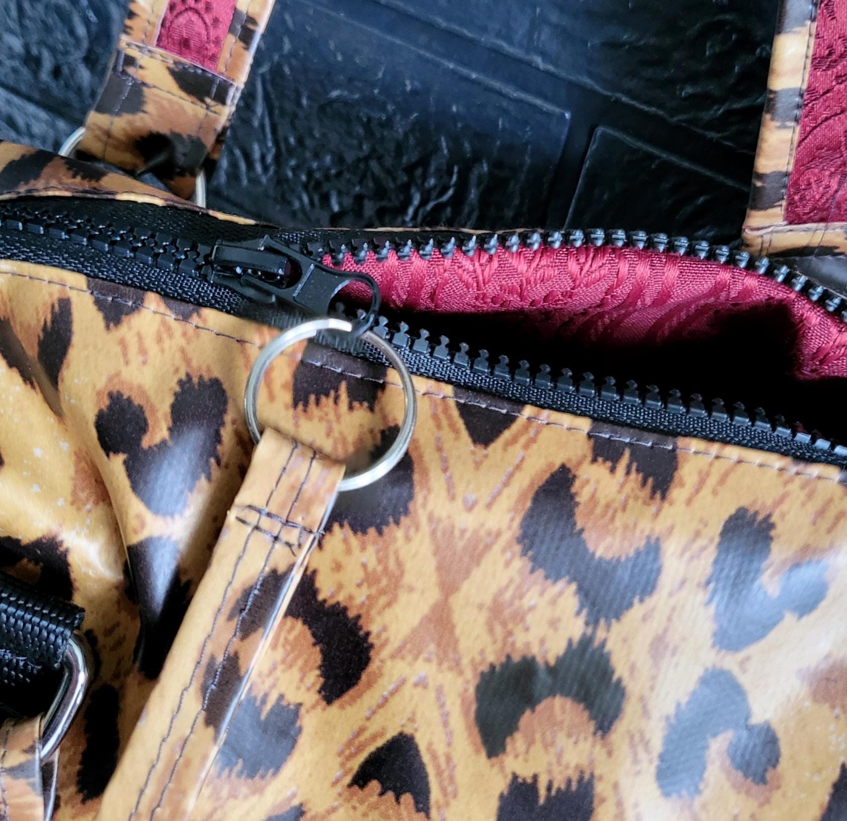 Handmade OOAK PVC Leopard Print Bowling Style Bag Handbag Brown Tan Red Animal Print Fully Lined Cute Gift Idea Waterproof BG19 - Oh My Gothness