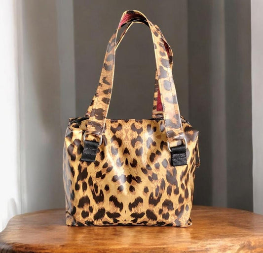 Handmade OOAK PVC Leopard Print Bowling Style Bag Handbag Brown Tan Red Animal Print Fully Lined Cute Gift Idea Waterproof BG19 - Oh My Gothness