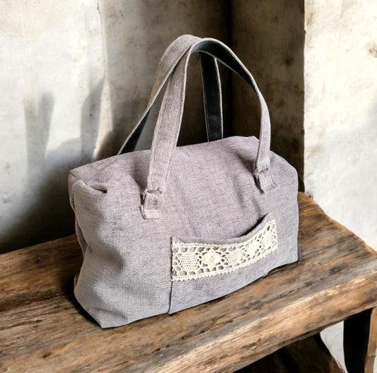 Handmade OOAK Velvet Chenille Carpet Style Bag Holdall Bowling Handbag Grey Silver With Lace Detail Fully Lined Bag Great Gift BG12 - Oh My Gothness