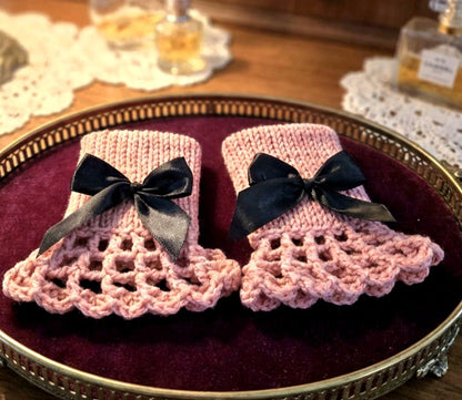 Handmade Pink Knitted Lace Wrist Cuffs With Black Bows, Steampunk Goth Victorian W14 - Oh My Gothness