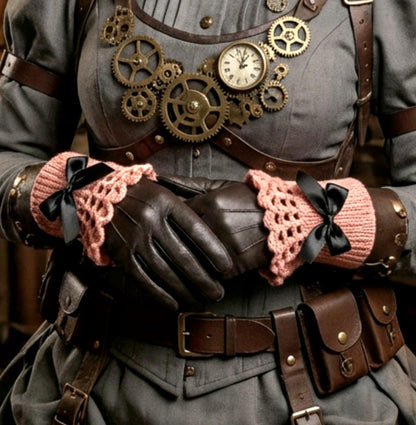 Handmade Pink Knitted Lace Wrist Cuffs With Black Bows, Steampunk Goth Victorian W14 - Oh My Gothness