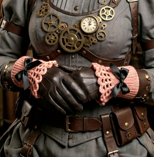Handmade Pink Knitted Lace Wrist Cuffs With Black Bows, Steampunk Goth Victorian W14 - Oh My Gothness