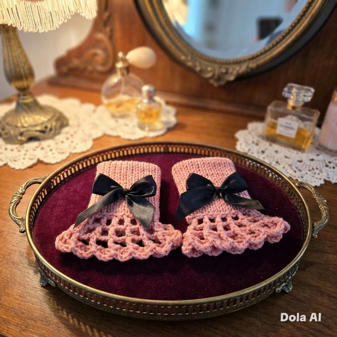 Handmade Pink Knitted Lace Wrist Cuffs With Black Bows, Steampunk Goth Victorian W14 - Oh My Gothness