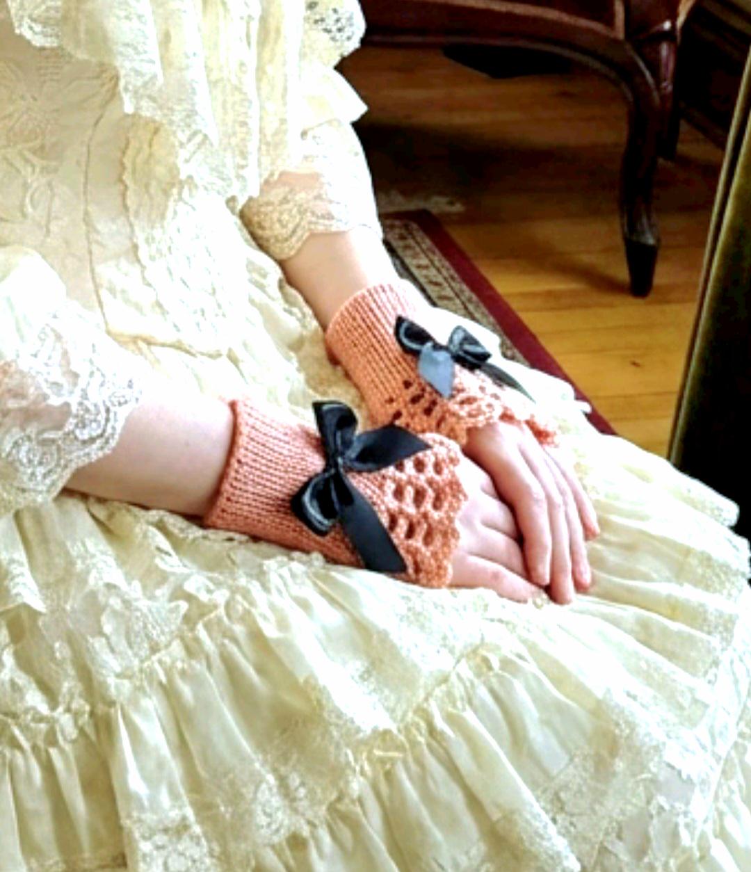 Handmade Pink Knitted Lace Wrist Cuffs With Black Bows, Steampunk Goth Victorian W14 - Oh My Gothness