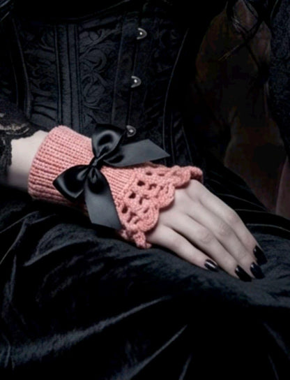 Handmade Pink Knitted Lace Wrist Cuffs With Black Bows, Steampunk Goth Victorian W14 - Oh My Gothness