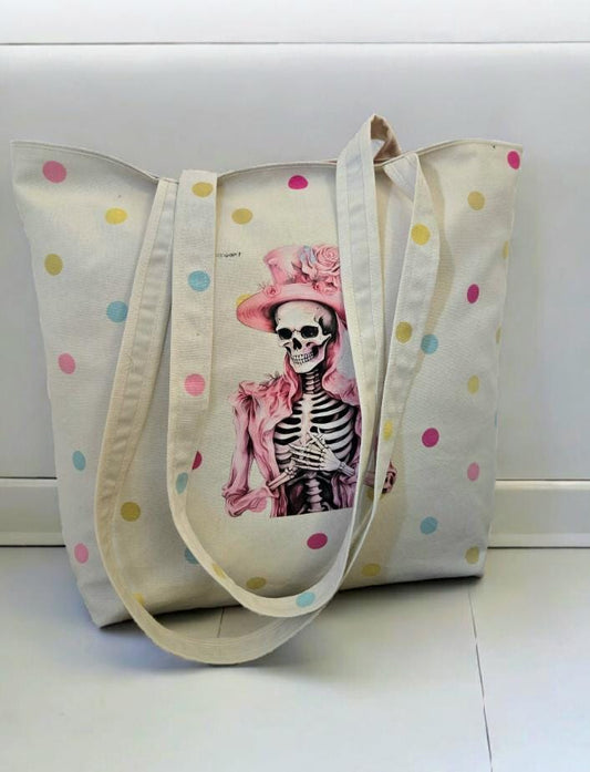Handmade Polka Dot Tote Bag – Skeleton Design, Large Shopper - Oh My Gothness