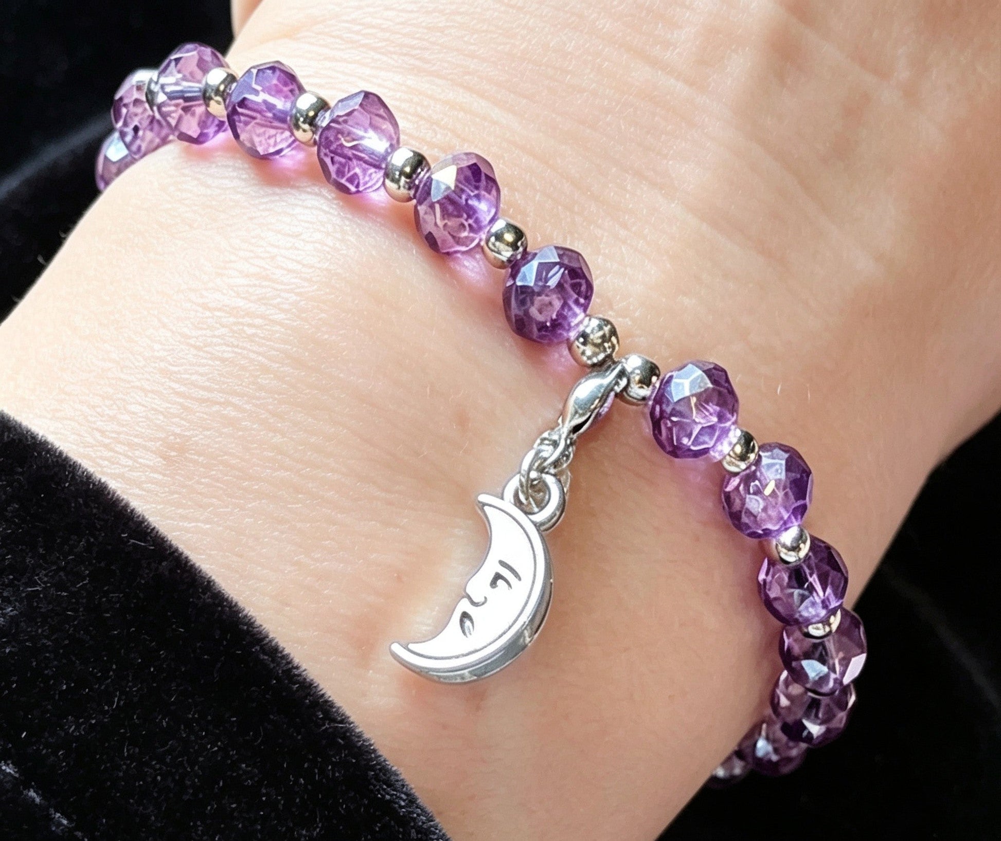 Handmade purple and silver beaded bracelet with a crescent moon pendant. - Oh My Gothness