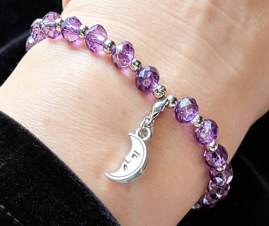 Handmade purple and silver beaded bracelet with a crescent moon pendant. - Oh My Gothness