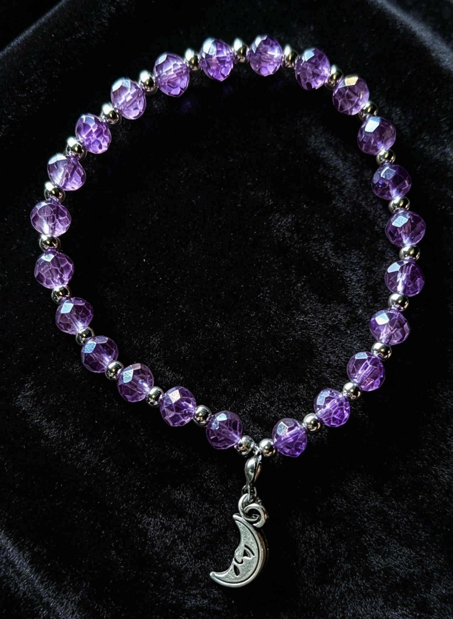 Handmade purple and silver beaded bracelet with a crescent moon pendant. - Oh My Gothness