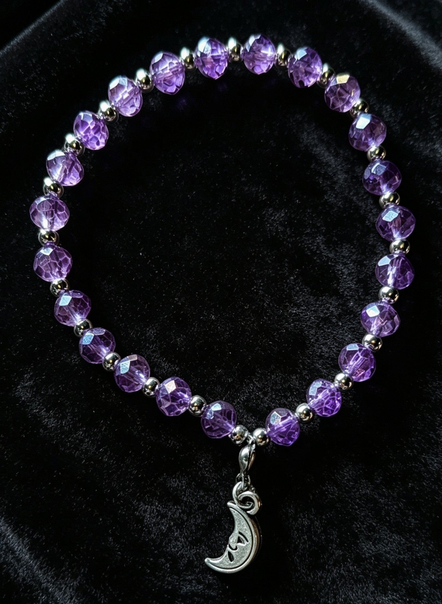 Handmade purple and silver beaded bracelet with a crescent moon pendant. - Oh My Gothness
