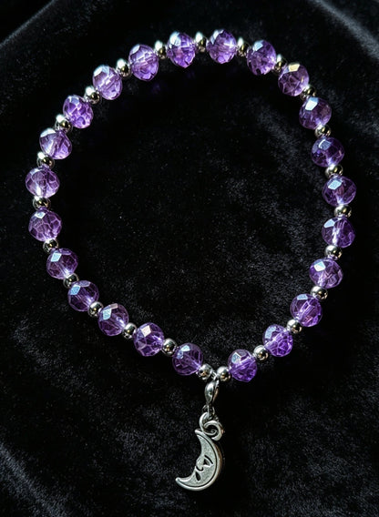 Handmade purple and silver beaded bracelet with a crescent moon pendant. - Oh My Gothness