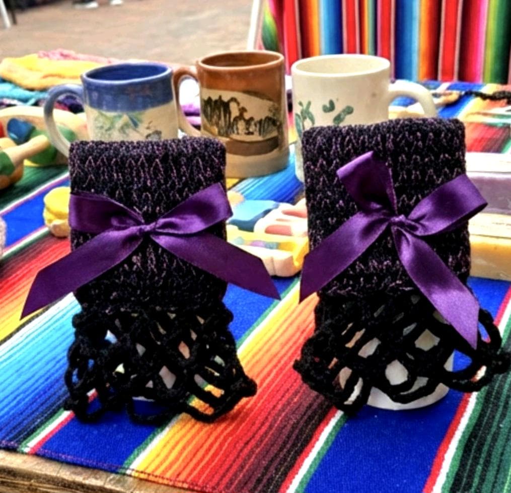 Handmade Purple Black Knitted Lace Wrist Cuffs With Black Bows, Steampunk Goth Victorian - Oh My Gothness