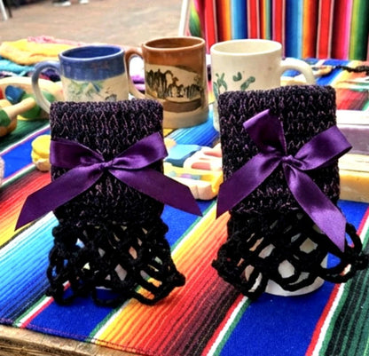 Handmade Purple Black Knitted Lace Wrist Cuffs With Black Bows, Steampunk Goth Victorian - Oh My Gothness