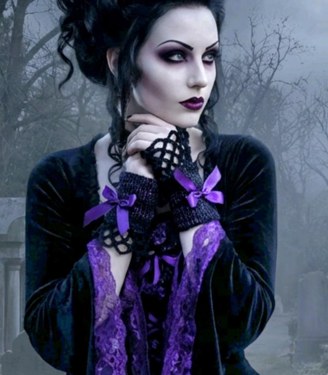 Handmade Purple Black Knitted Lace Wrist Cuffs With Black Bows, Steampunk Goth Victorian - Oh My Gothness
