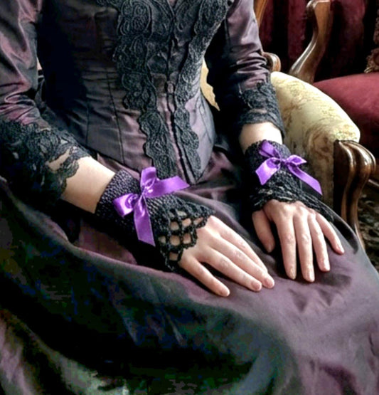 Handmade Purple Black Knitted Lace Wrist Cuffs With Black Bows, Steampunk Goth Victorian - Oh My Gothness