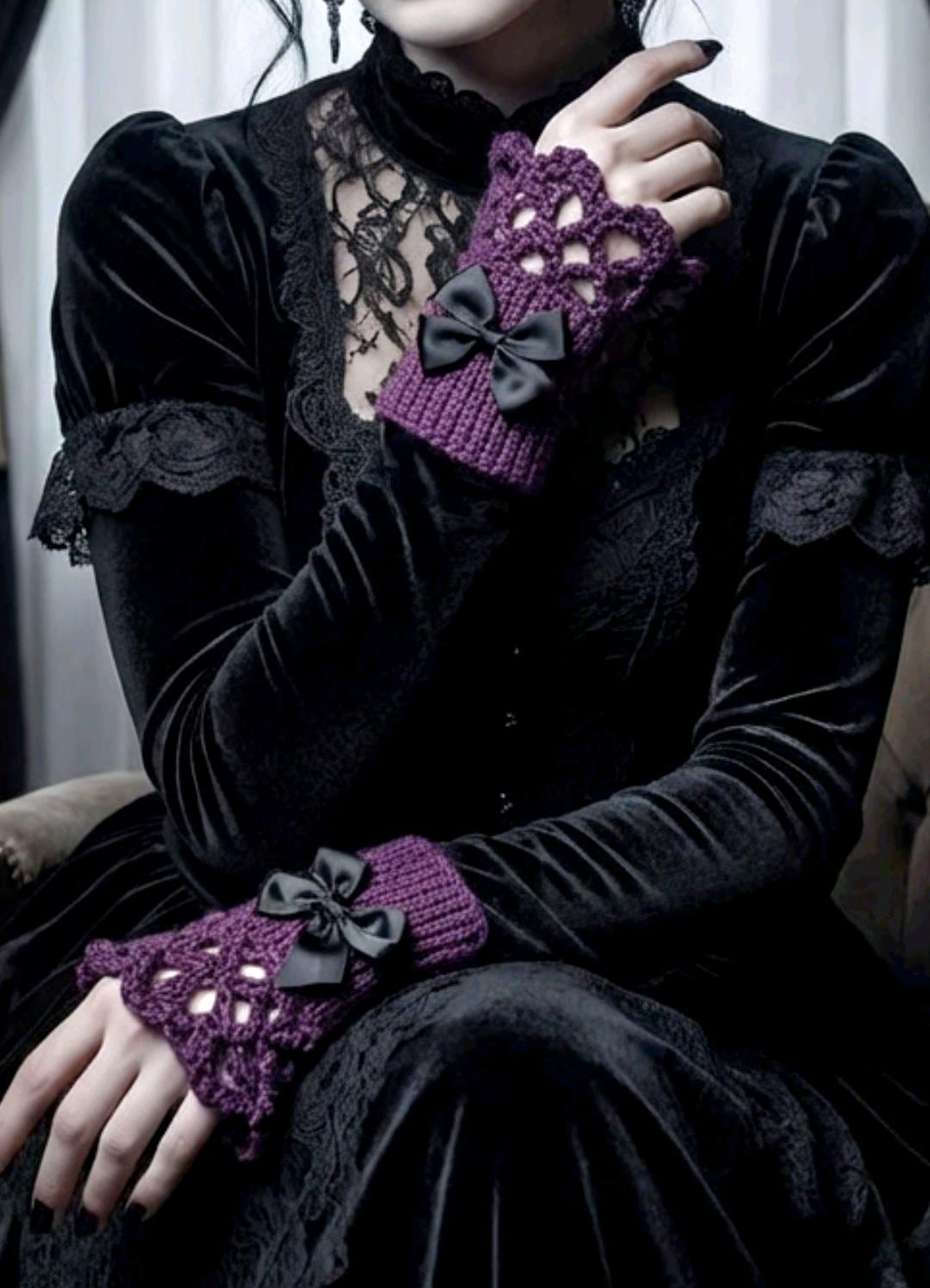Handmade Purple Grape Knitted Lace Wrist Cuffs With Black Bows, Steampunk Goth Victorian - Oh My Gothness