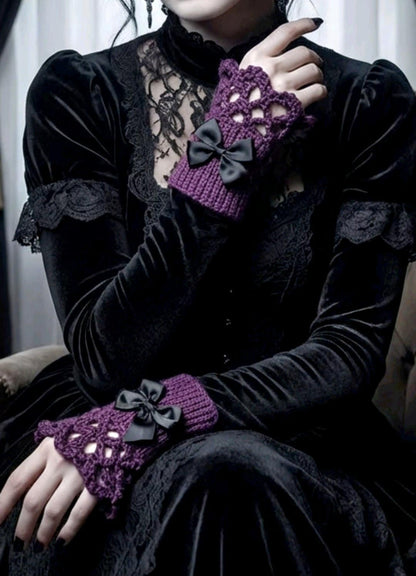 Handmade Purple Grape Knitted Lace Wrist Cuffs With Black Bows, Steampunk Goth Victorian - Oh My Gothness