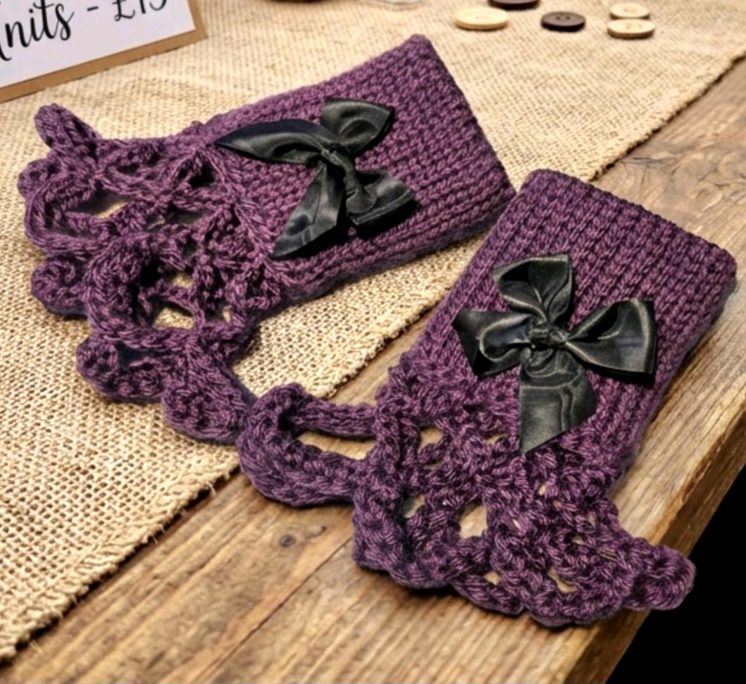 Handmade Purple Grape Knitted Lace Wrist Cuffs With Black Bows, Steampunk Goth Victorian - Oh My Gothness