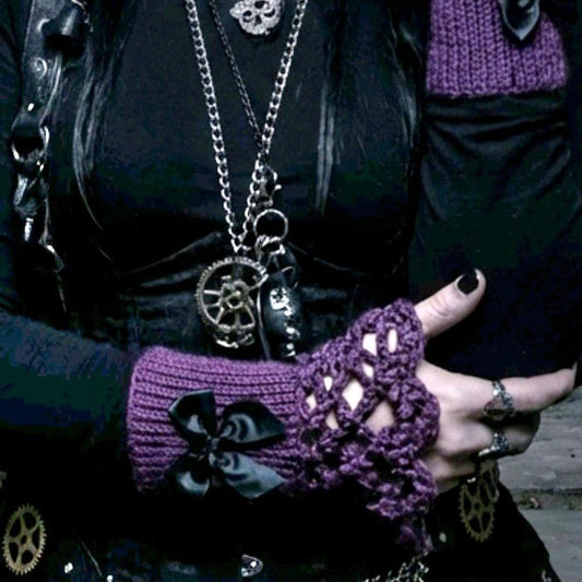 Handmade Purple Grape Knitted Lace Wrist Cuffs With Black Bows, Steampunk Goth Victorian - Oh My Gothness
