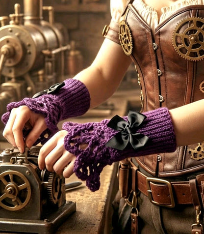 Handmade Purple Grape Knitted Lace Wrist Cuffs With Black Bows, Steampunk Goth Victorian - Oh My Gothness