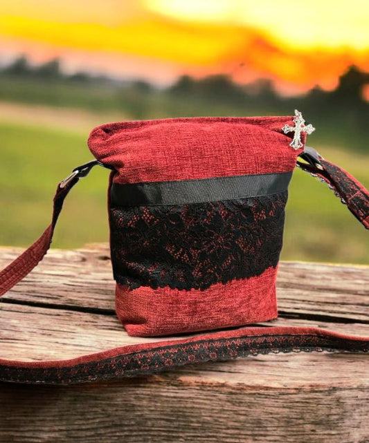 Handmade Red Burgundy Velvet Black Lace Shoulder Crossbody Bag Fully Lined Goth Funky Holiday Travel Festival OOAK Gift BG37 - Oh My Gothness
