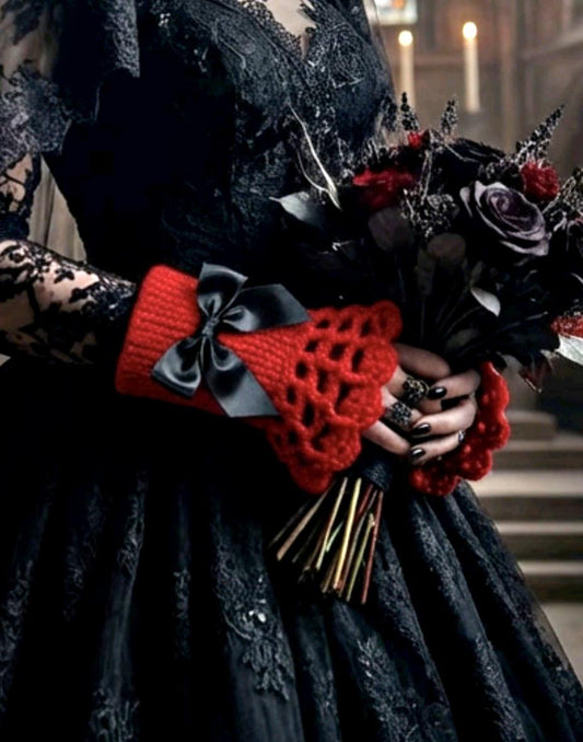 Handmade Red Knitted Lace Wrist Cuffs With Black Bows, Steampunk Goth Victorian - Oh My Gothness