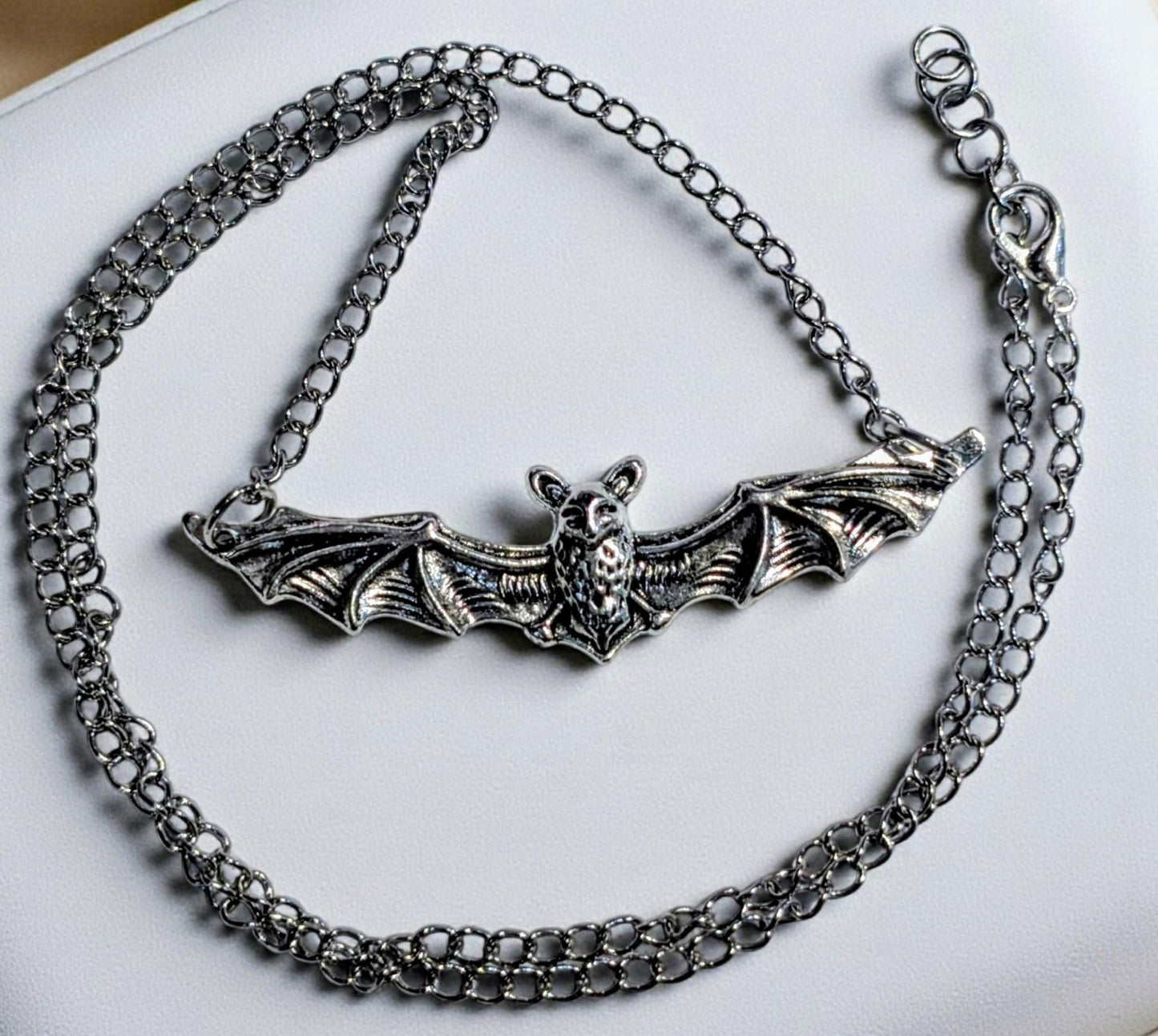 Handmade silver metal necklace pendant charm flying bat open wings gothic costume jewellery cute gift for her teen girl Halloween accessory - Oh My Gothness