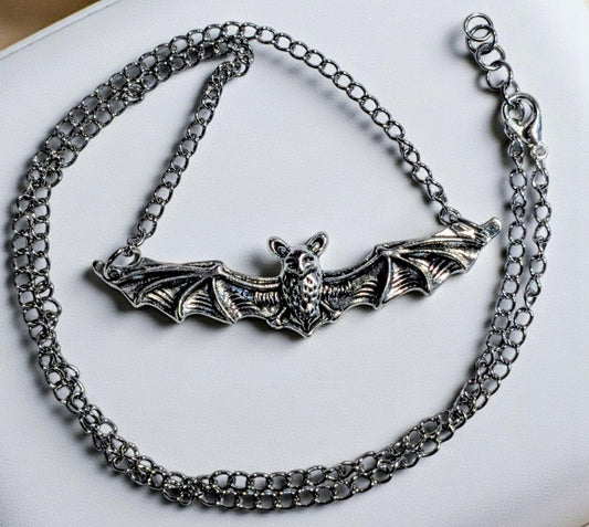 Handmade silver metal necklace pendant charm flying bat open wings gothic costume jewellery cute gift for her teen girl Halloween accessory - Oh My Gothness