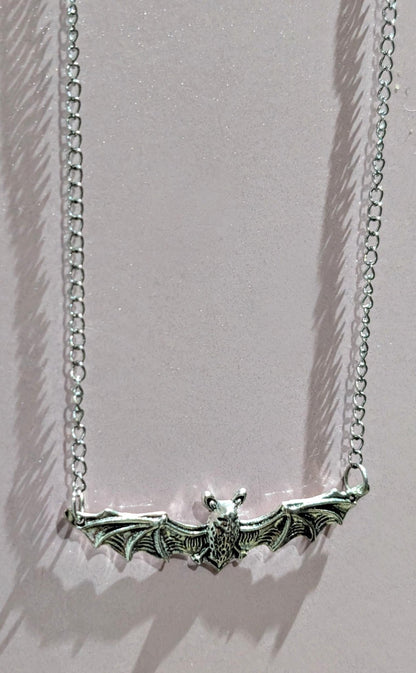 Handmade silver metal necklace pendant charm flying bat open wings gothic costume jewellery cute gift for her teen girl Halloween accessory - Oh My Gothness